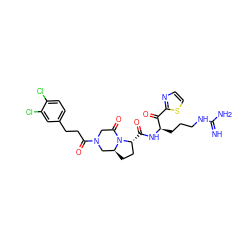 N=C(N)NCCC[C@@H](NC(=O)[C@@H]1CC[C@H]2CN(C(=O)CCc3ccc(Cl)c(Cl)c3)CC(=O)N21)C(=O)c1nccs1 ZINC000026963759