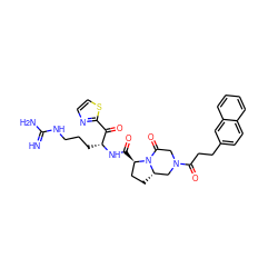 N=C(N)NCCC[C@@H](NC(=O)[C@@H]1CC[C@H]2CN(C(=O)CCc3ccc4ccccc4c3)CC(=O)N21)C(=O)c1nccs1 ZINC000026945887