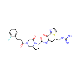 N=C(N)NCCC[C@@H](NC(=O)[C@@H]1CC[C@H]2CN(C(=O)CCc3ccccc3F)CC(=O)N21)C(=O)c1nccs1 ZINC000026943019