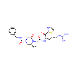 N=C(N)NCCC[C@@H](NC(=O)[C@@H]1CC[C@H]2CN(C(=O)NCc3ccccc3)CC(=O)N21)C(=O)c1nccs1 ZINC000026947097