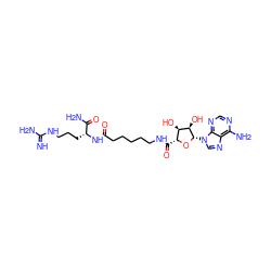 N=C(N)NCCC[C@@H](NC(=O)CCCCCNC(=O)[C@H]1O[C@@H](n2cnc3c(N)ncnc32)[C@H](O)[C@@H]1O)C(N)=O ZINC000042803144