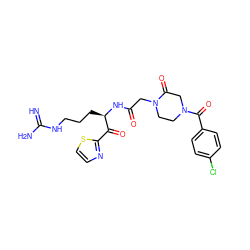 N=C(N)NCCC[C@@H](NC(=O)CN1CCN(C(=O)c2ccc(Cl)cc2)CC1=O)C(=O)c1nccs1 ZINC000027857859