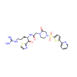 N=C(N)NCCC[C@@H](NC(=O)CN1CCN(S(=O)(=O)c2ccc(-c3ccccn3)s2)CC1=O)C(=O)c1nccs1 ZINC000027842647