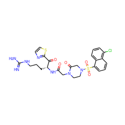 N=C(N)NCCC[C@@H](NC(=O)CN1CCN(S(=O)(=O)c2cccc3c(Cl)cccc23)CC1=O)C(=O)c1nccs1 ZINC000027769391