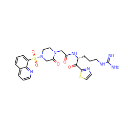 N=C(N)NCCC[C@@H](NC(=O)CN1CCN(S(=O)(=O)c2cccc3cccnc23)CC1=O)C(=O)c1nccs1 ZINC000027858480