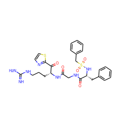 N=C(N)NCCC[C@@H](NC(=O)CNC(=O)[C@@H](Cc1ccccc1)NS(=O)(=O)Cc1ccccc1)C(=O)c1nccs1 ZINC000027852807