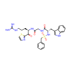 N=C(N)NCCC[C@@H](NC(=O)CNC(=O)[C@H](Cc1c[nH]c2ccccc12)NS(=O)(=O)Cc1ccccc1)C(=O)c1nccs1 ZINC000027751375