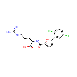 N=C(N)NCCC[C@@H](NC(=O)c1ccc(-c2cc(Cl)ccc2Cl)o1)C(=O)O ZINC000028707135