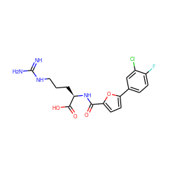 N=C(N)NCCC[C@@H](NC(=O)c1ccc(-c2ccc(F)c(Cl)c2)o1)C(=O)O ZINC000028707129