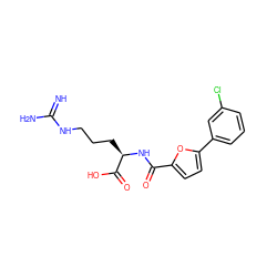 N=C(N)NCCC[C@@H](NC(=O)c1ccc(-c2cccc(Cl)c2)o1)C(=O)O ZINC000028707127