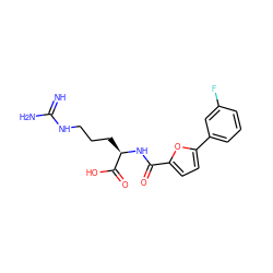 N=C(N)NCCC[C@@H](NC(=O)c1ccc(-c2cccc(F)c2)o1)C(=O)O ZINC000028707111