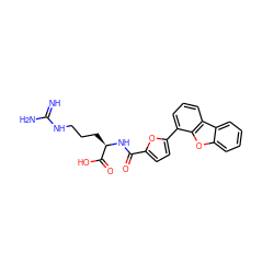 N=C(N)NCCC[C@@H](NC(=O)c1ccc(-c2cccc3c2oc2ccccc23)o1)C(=O)O ZINC000028707144