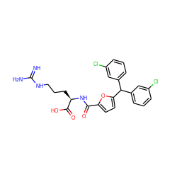 N=C(N)NCCC[C@@H](NC(=O)c1ccc(C(c2cccc(Cl)c2)c2cccc(Cl)c2)o1)C(=O)O ZINC000028707195