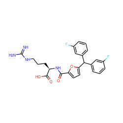 N=C(N)NCCC[C@@H](NC(=O)c1ccc(C(c2cccc(F)c2)c2cccc(F)c2)o1)C(=O)O ZINC000028707192