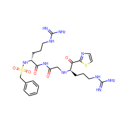 N=C(N)NCCC[C@@H](NS(=O)(=O)Cc1ccccc1)C(=O)NC(=O)CN[C@H](CCCNC(=N)N)C(=O)c1nccs1 ZINC000027852834