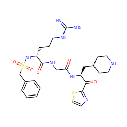 N=C(N)NCCC[C@@H](NS(=O)(=O)Cc1ccccc1)C(=O)NCC(=O)N[C@@H](CC1CCNCC1)C(=O)c1nccs1 ZINC000029126003