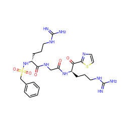 N=C(N)NCCC[C@@H](NS(=O)(=O)Cc1ccccc1)C(=O)NCC(=O)N[C@H](CCCNC(=N)N)C(=O)c1nccs1 ZINC000027751390