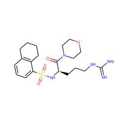 N=C(N)NCCC[C@@H](NS(=O)(=O)c1cccc2c1CCCC2)C(=O)N1CCOCC1 ZINC000027987546