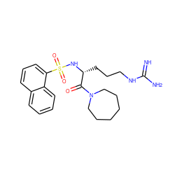 N=C(N)NCCC[C@@H](NS(=O)(=O)c1cccc2ccccc12)C(=O)N1CCCCCC1 ZINC000027977686