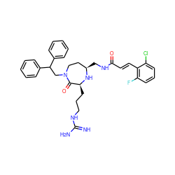 N=C(N)NCCC[C@@H]1N[C@H](CNC(=O)/C=C/c2c(F)cccc2Cl)CCN(CC(c2ccccc2)c2ccccc2)C1=O ZINC000118695727