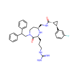 N=C(N)NCCC[C@@H]1N[C@H](CNC(=O)[C@@H]2C[C@H]2c2cccc(F)c2)CCN(CC(c2ccccc2)c2ccccc2)C1=O ZINC001772630411