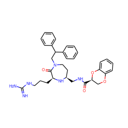 N=C(N)NCCC[C@@H]1N[C@H](CNC(=O)[C@@H]2COc3ccccc3O2)CCN(CC(c2ccccc2)c2ccccc2)C1=O ZINC000118695134