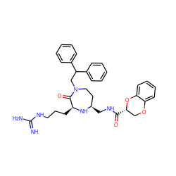 N=C(N)NCCC[C@@H]1N[C@H](CNC(=O)[C@H]2COc3ccccc3O2)CCN(CC(c2ccccc2)c2ccccc2)C1=O ZINC000118686491