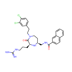 N=C(N)NCCC[C@@H]1N[C@H](CNC(=O)c2ccc3ccccc3c2)CCN(CCc2ccc(Cl)c(Cl)c2)C1=O ZINC000118684642