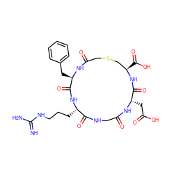 N=C(N)NCCC[C@@H]1NC(=O)[C@@H](Cc2ccccc2)NC(=O)CSC[C@@H](C(=O)O)NC(=O)[C@H](CC(=O)O)NC(=O)CNC1=O ZINC000026170383