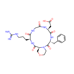 N=C(N)NCCC[C@@H]1NC(=O)[C@@H]2COCCN2C(=O)[C@@H](Cc2ccccc2)NC(=O)[C@H](CC(=O)O)NC(=O)CNC1=O ZINC000044351077