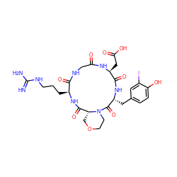N=C(N)NCCC[C@@H]1NC(=O)[C@H]2COCCN2C(=O)[C@@H](Cc2ccc(O)c(I)c2)NC(=O)[C@H](CC(=O)O)NC(=O)CNC1=O ZINC000084724320