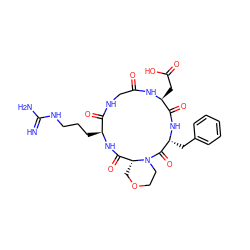 N=C(N)NCCC[C@@H]1NC(=O)[C@H]2COCCN2C(=O)[C@@H](Cc2ccccc2)NC(=O)[C@H](CC(=O)O)NC(=O)CNC1=O ZINC000044281078