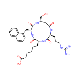 N=C(N)NCCC[C@@H]1NC(=O)C[C@H](CO)NC(=O)[C@H](Cc2cccc3ccccc23)NC(=O)[C@H](CCCCCC(=O)O)NC1=O ZINC000049694398