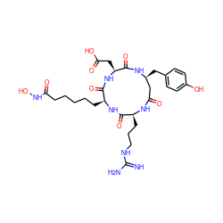 N=C(N)NCCC[C@@H]1NC(=O)C[C@H](Cc2ccc(O)cc2)NC(=O)[C@H](CC(=O)O)NC(=O)[C@H](CCCCCC(=O)NO)NC1=O ZINC000049679046