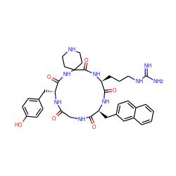 N=C(N)NCCC[C@@H]1NC(=O)C2(CCNCC2)NC(=O)[C@@H](Cc2ccc(O)cc2)NC(=O)CNC(=O)[C@H](Cc2ccc3ccccc3c2)NC1=O ZINC000095564842