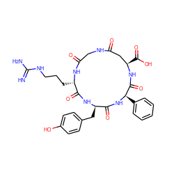 N=C(N)NCCC[C@@H]1NC(=O)CNC(=O)C[C@@H](C(=O)O)NC(=O)[C@@H](c2ccccc2)NC(=O)[C@@H](Cc2ccc(O)cc2)NC1=O ZINC000095591590