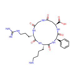 N=C(N)NCCC[C@@H]1NC(=O)CNC(=O)C[C@@H](C(=O)O)NC(=O)[C@@H](c2ccccc2)NC(=O)[C@H](CCCCN)NC1=O ZINC000095588703