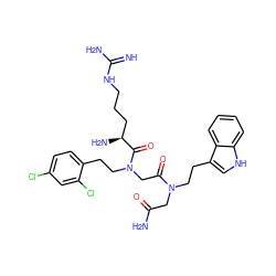 N=C(N)NCCC[C@H](N)C(=O)N(CCc1ccc(Cl)cc1Cl)CC(=O)N(CCc1c[nH]c2ccccc12)CC(N)=O ZINC000028824975