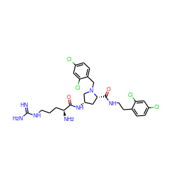 N=C(N)NCCC[C@H](N)C(=O)N[C@H]1C[C@@H](C(=O)NCCc2ccc(Cl)cc2Cl)N(Cc2ccc(Cl)cc2Cl)C1 ZINC000028824979