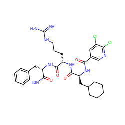 N=C(N)NCCC[C@H](NC(=O)[C@H](CC1CCCCC1)NC(=O)c1cnc(Cl)c(Cl)c1)C(=O)N[C@@H](Cc1ccccc1)C(N)=O ZINC000029220386