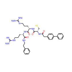 N=C(N)NCCC[C@H](NC(=O)[C@H](CCCN=C(N)N)NC(=O)[C@H](CS)NC(=O)Cc1ccc(-c2ccccc2)cc1)C(=O)NCCc1ccccc1 ZINC000169320164