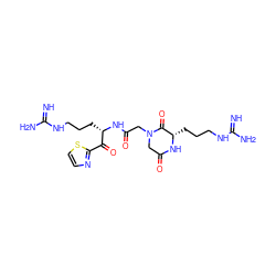 N=C(N)NCCC[C@H](NC(=O)CN1CC(=O)N[C@@H](CCCNC(=N)N)C1=O)C(=O)c1nccs1 ZINC000013487894