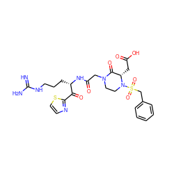 N=C(N)NCCC[C@H](NC(=O)CN1CCN(S(=O)(=O)Cc2ccccc2)[C@@H](CC(=O)O)C1=O)C(=O)c1nccs1 ZINC000027858304