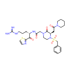 N=C(N)NCCC[C@H](NC(=O)CN1CCN(S(=O)(=O)Cc2ccccc2)[C@H](CC(=O)N2CCCCC2)C1=O)C(=O)c1nccs1 ZINC000027858465