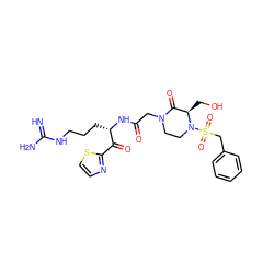 N=C(N)NCCC[C@H](NC(=O)CN1CCN(S(=O)(=O)Cc2ccccc2)[C@H](CO)C1=O)C(=O)c1nccs1 ZINC000027848885