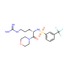 N=C(N)NCCC[C@H](NS(=O)(=O)c1cccc(C(F)(F)F)c1)C(=O)N1CCOCC1 ZINC000028644228