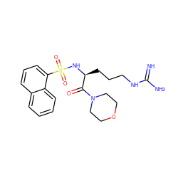 N=C(N)NCCC[C@H](NS(=O)(=O)c1cccc2ccccc12)C(=O)N1CCOCC1 ZINC000027977681