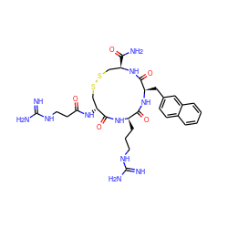 N=C(N)NCCC[C@H]1NC(=O)[C@H](NC(=O)CCNC(=N)N)CSSC[C@@H](C(N)=O)NC(=O)[C@@H](Cc2ccc3ccccc3c2)NC1=O ZINC000028474947