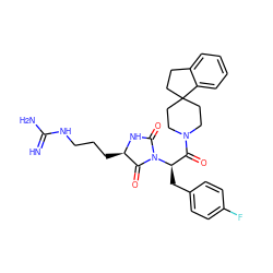 N=C(N)NCCC[C@H]1NC(=O)N([C@H](Cc2ccc(F)cc2)C(=O)N2CCC3(CCc4ccccc43)CC2)C1=O ZINC000026271840