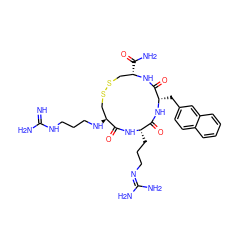 N=C(N)NCCCN[C@H]1CSSC[C@H](C(N)=O)NC(=O)[C@H](Cc2ccc3ccccc3c2)NC(=O)[C@H](CCCN=C(N)N)NC1=O ZINC000028477578